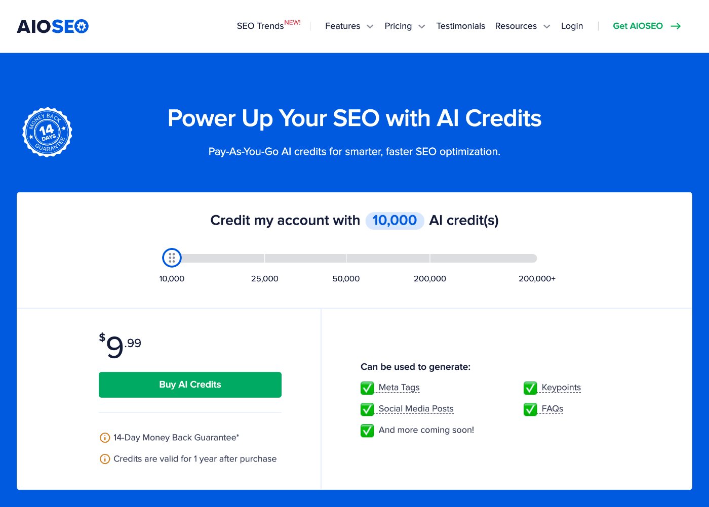 Pricing page for purchasing AI credits for All in One SEO