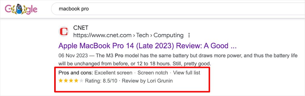 Rich snippets example in search results Rich snippets example in search results