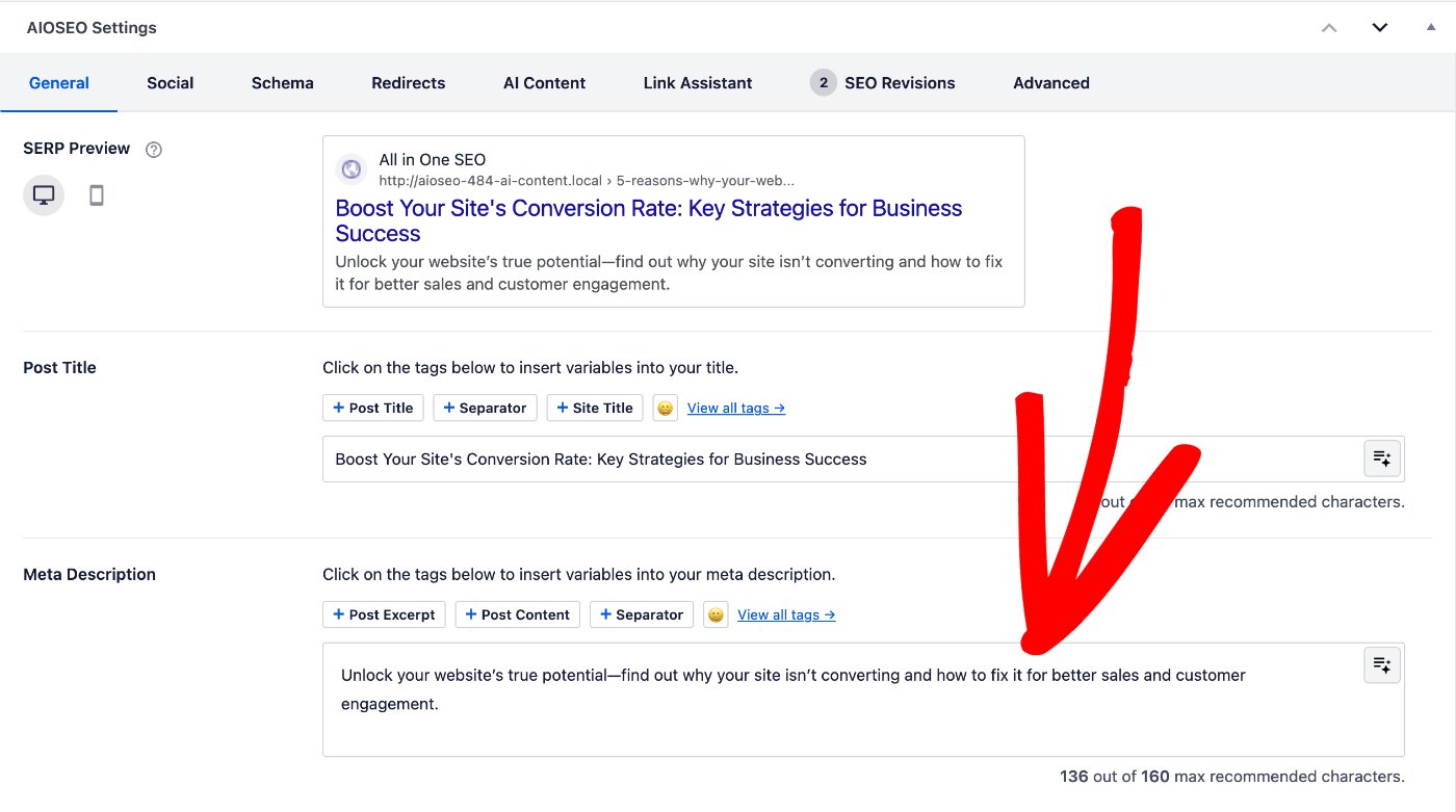 Selected meta description shown in the Meta Description field of the AIOSEO Settings