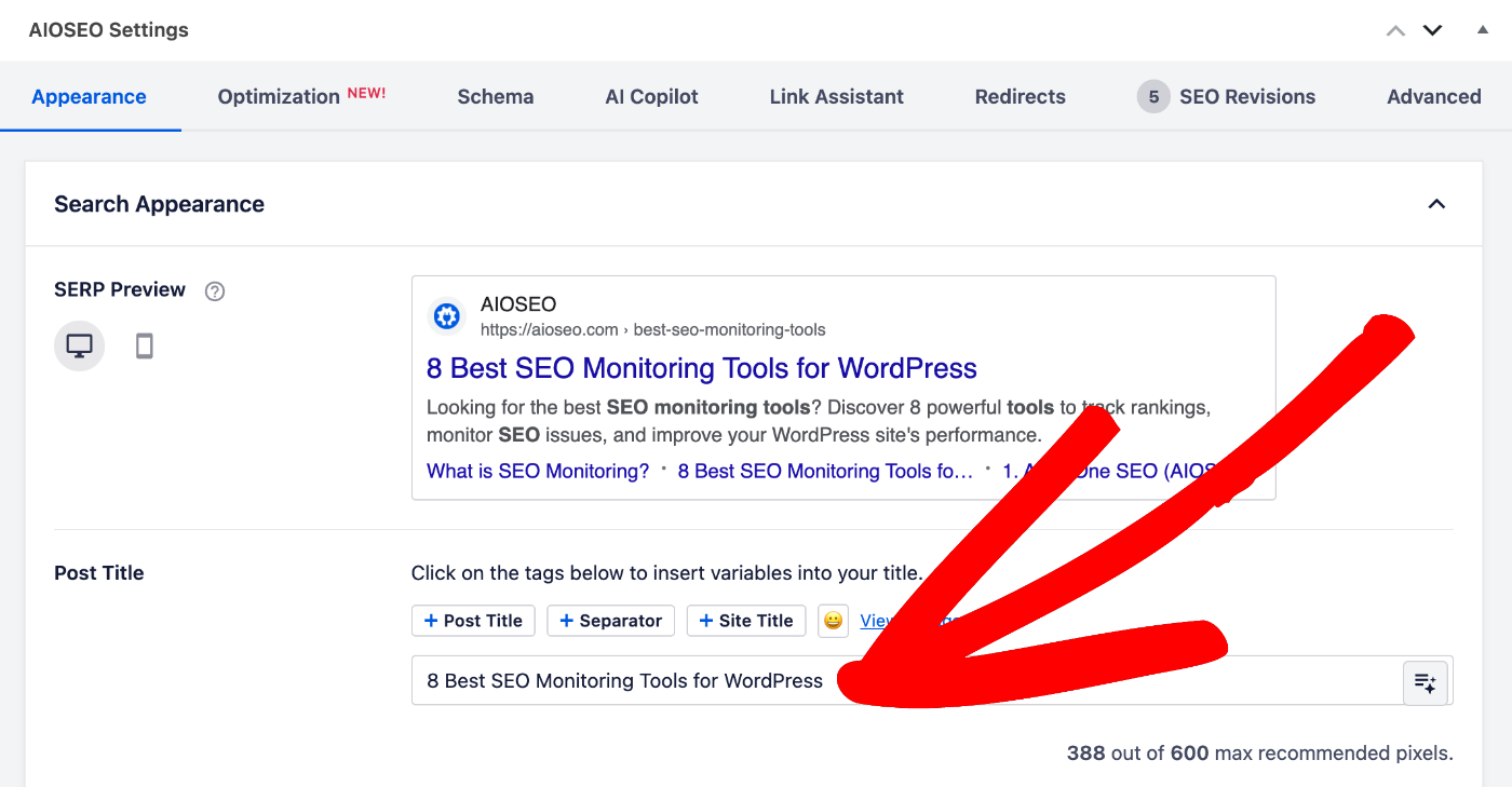 Ausgewählter SEO-Titel im Feld „Beitragstitel“ der AIOSEO-Einstellungen