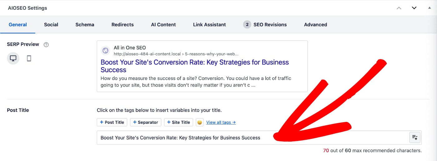 Selected SEO title shown in the Post Title field of the AIOSEO Settings