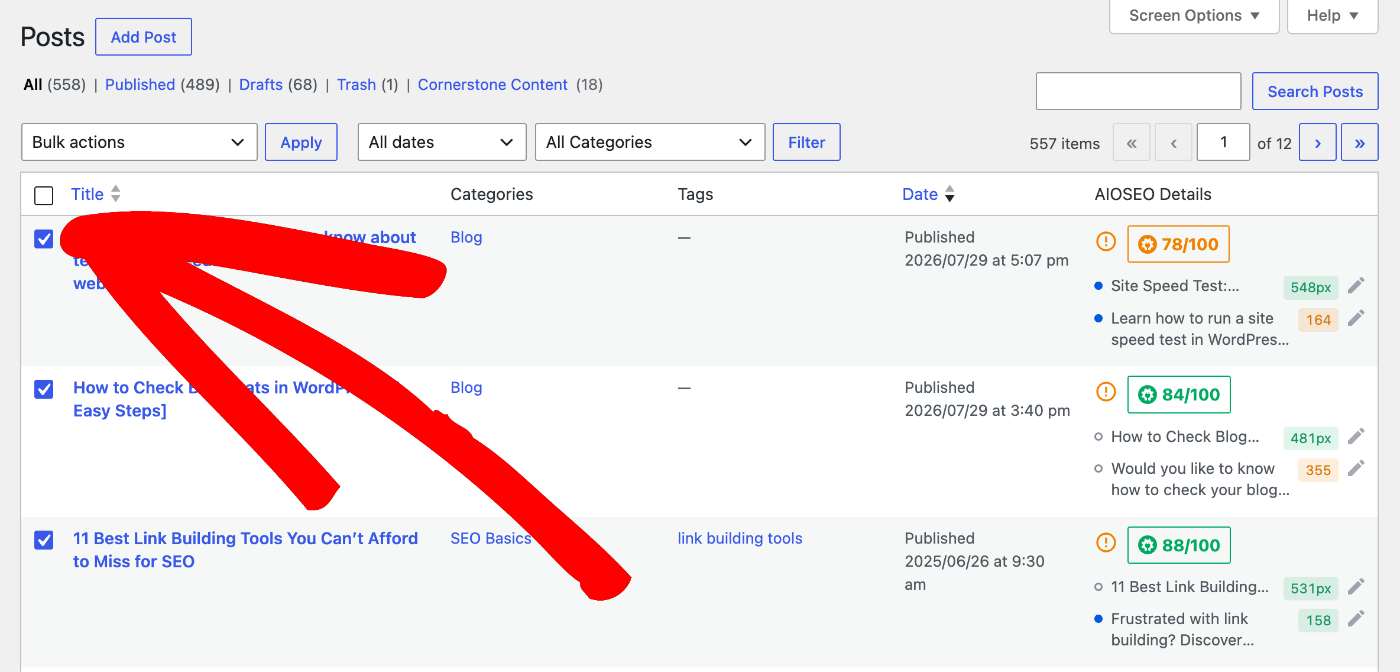 Auswahl von Beiträgen auf dem Bildschirm Alle Beiträge in WordPress