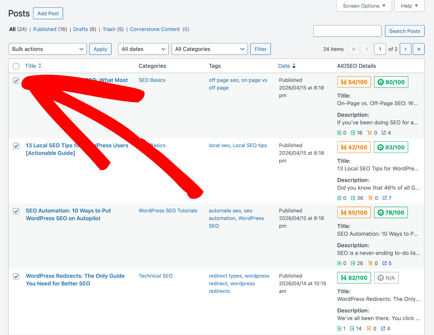 Selezione dei post nella schermata Tutti i post in WordPress