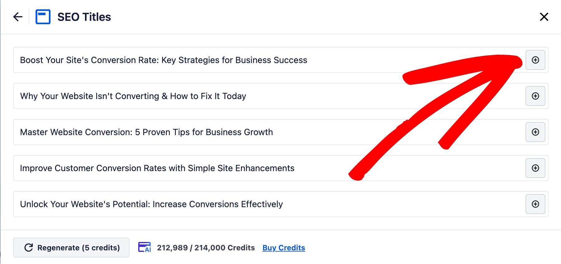 Generated SEO titles to select from with the Add button next to each one