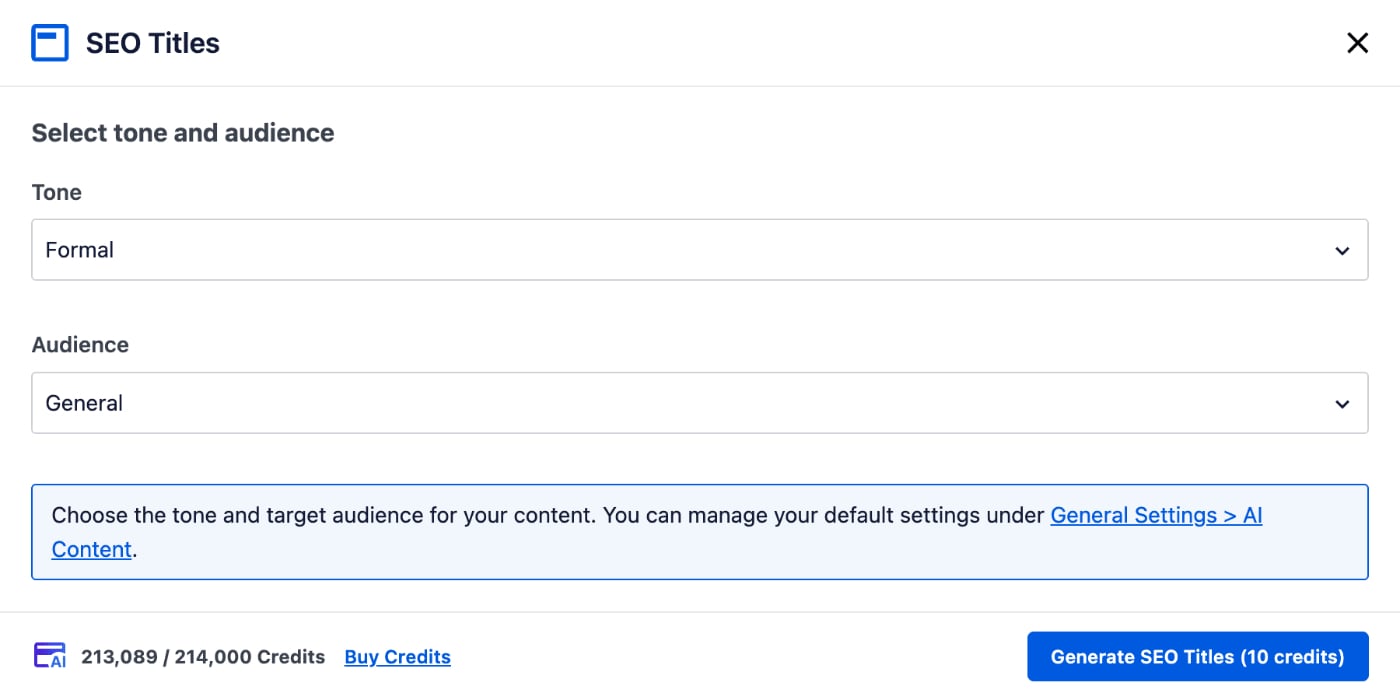 SEO Titles window showing the options available for generating SEO titles