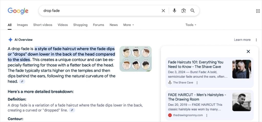 Google AI Overview for the query drop fade.
