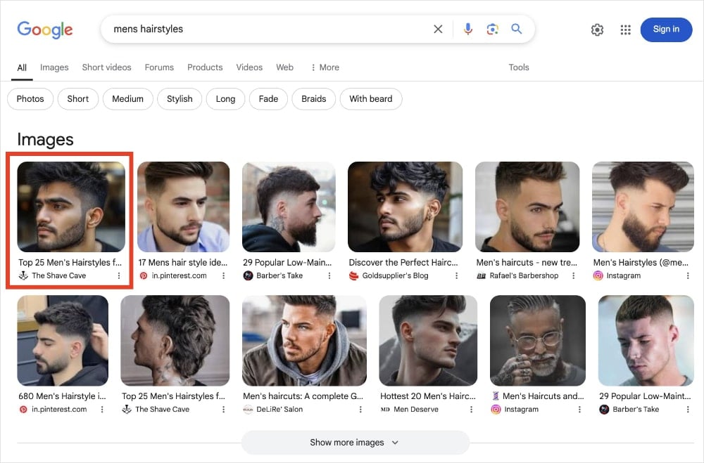 The Shave Cave is the first result in the Google Image Pack for the query mens hairstyles.