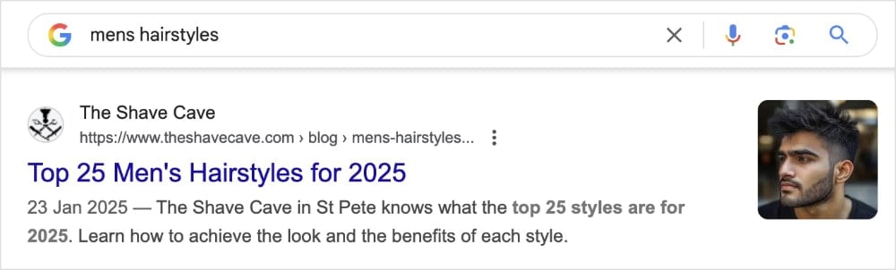 A Google search listing for the Shave Cave's blog post shows an image snippet.
