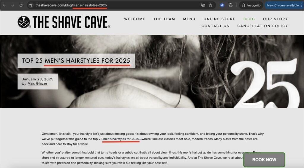 Keyword optimizations on a Shave Cave blog post.