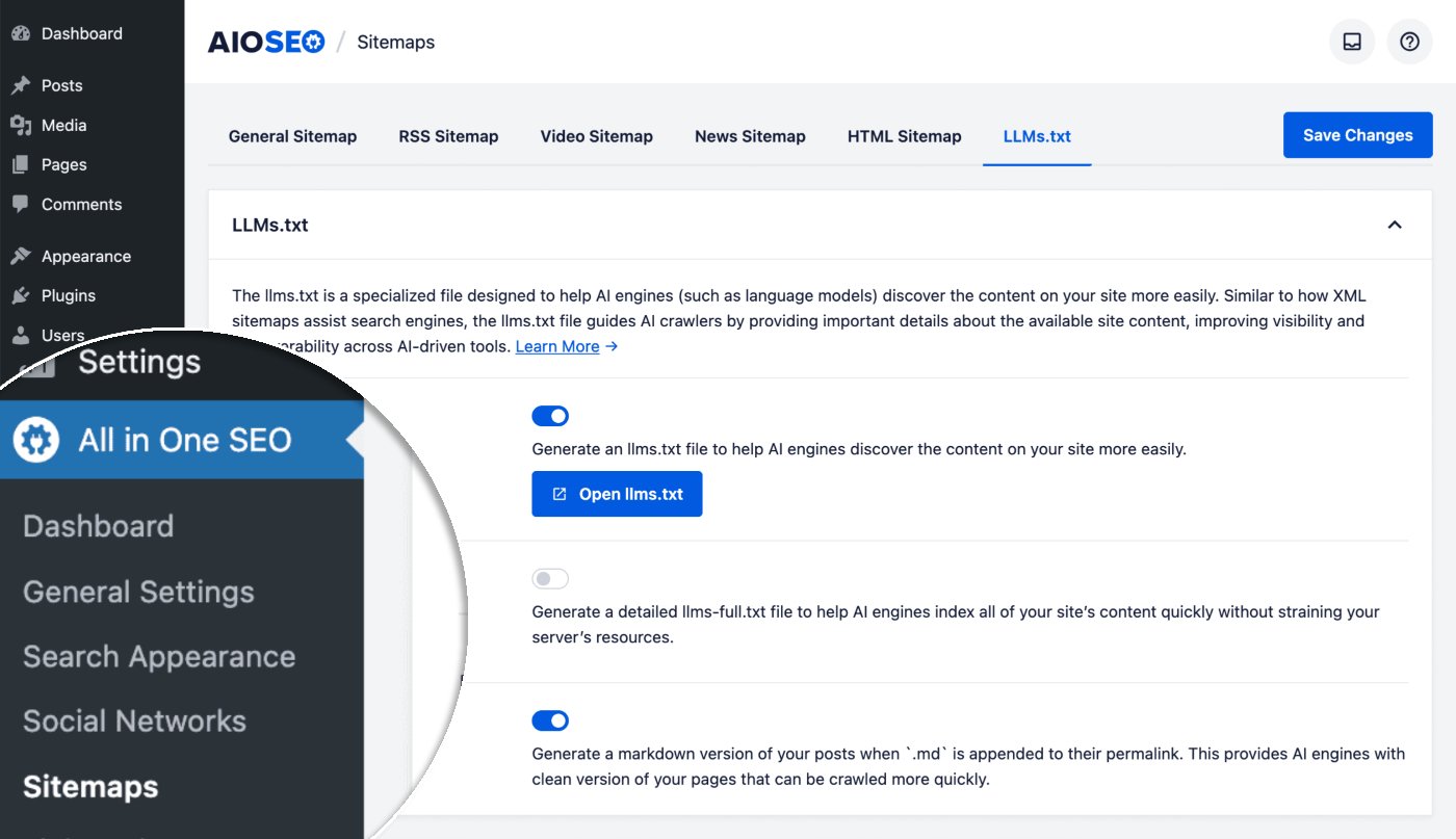 Sitemaps menu item shown in the  All in One SEO menu