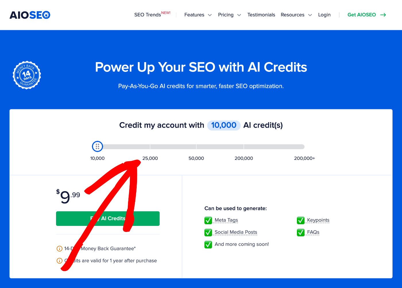Pricing page showing the sliding scale for selecting the number of AI credits to buy