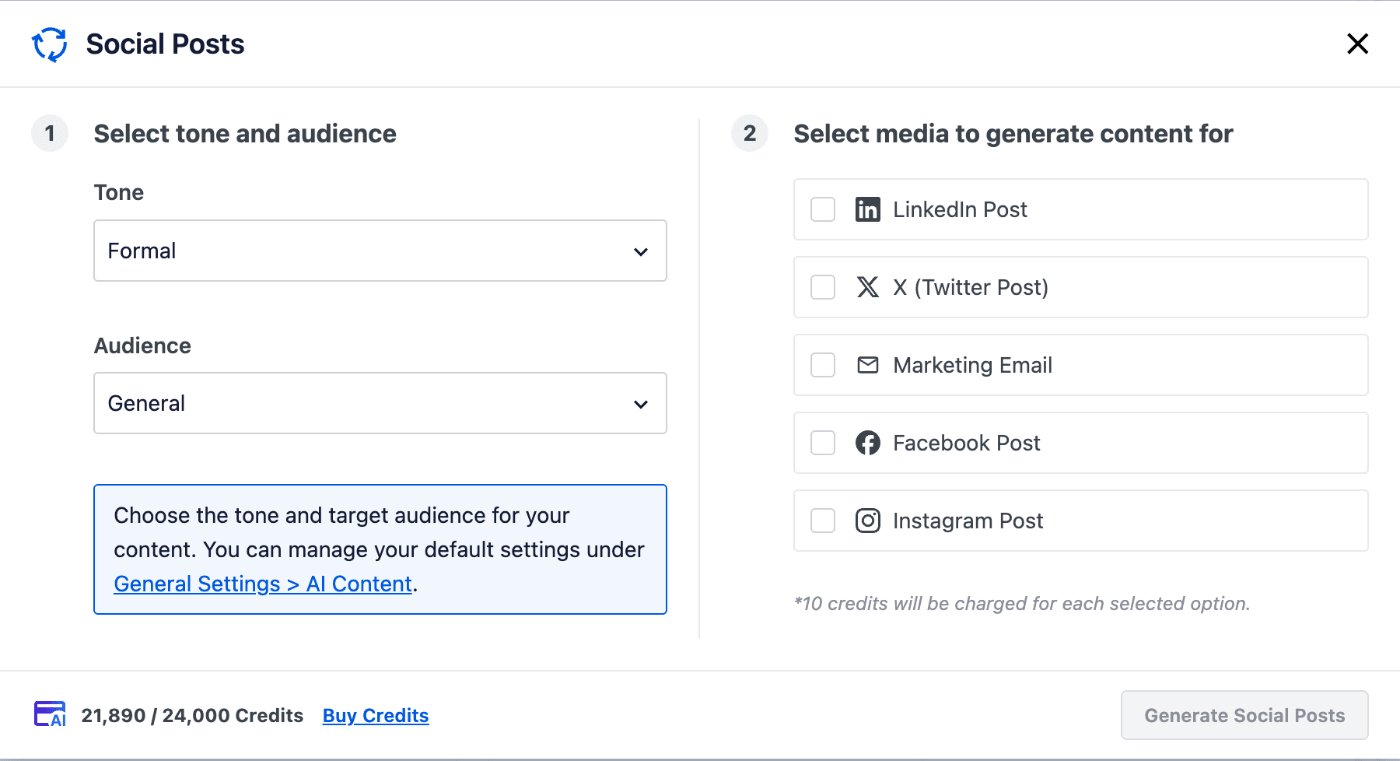Social Posts window showing the options available for generating text to be used on social media