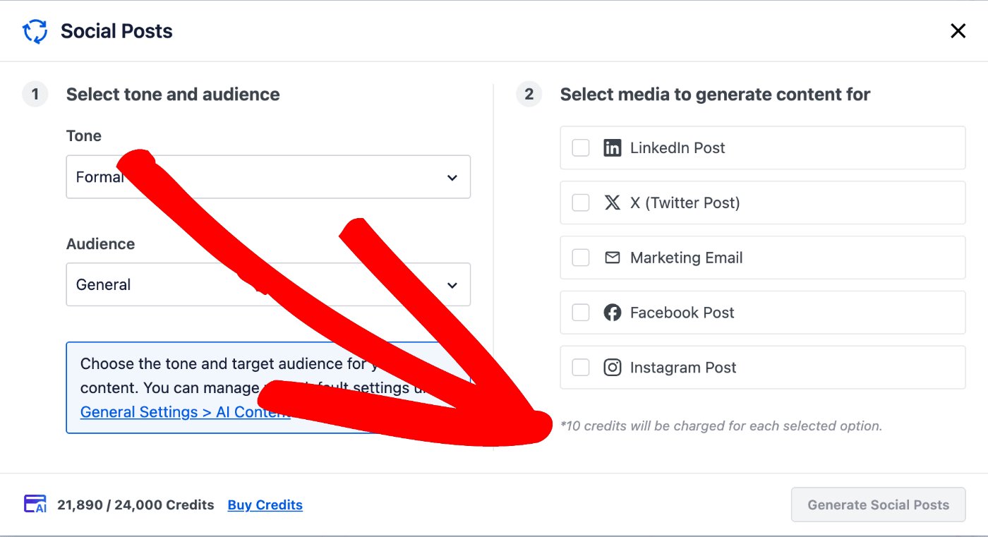Social Posts window showing the number of credits that will be used to generate the text