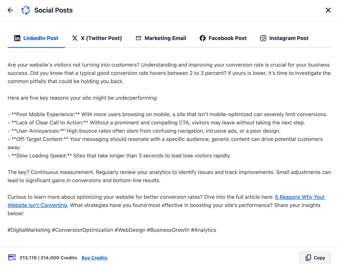 Social Posts window showing tabs with the text generated for each channel
