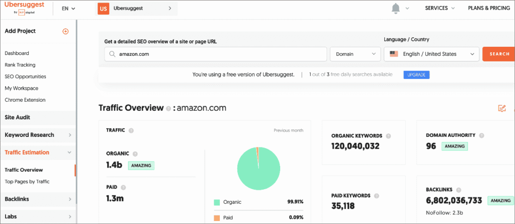 Ubersuggest homepage Ubersuggest homepage