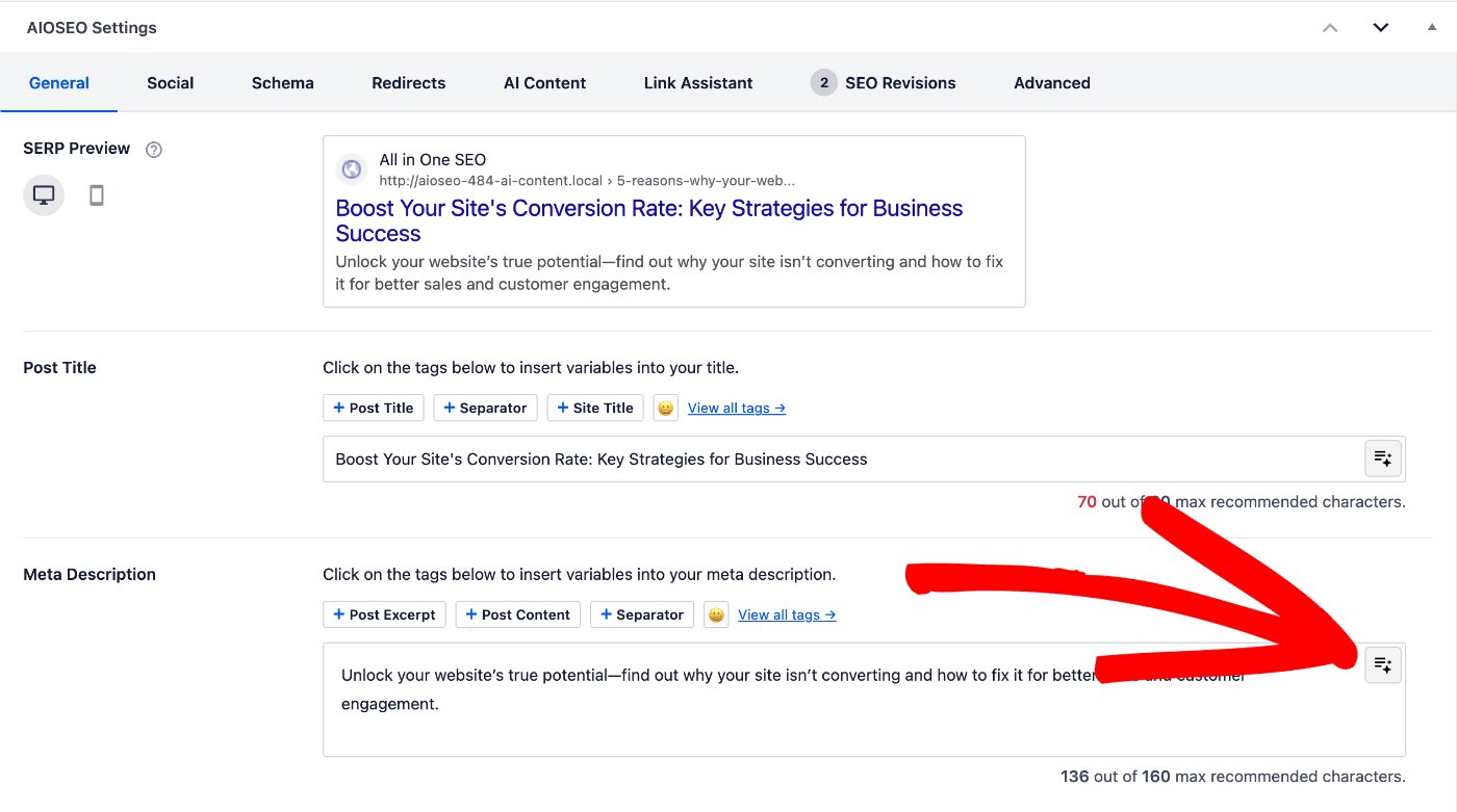Use AI Generator button shown to the right of the Meta Description field in the AIOSEO Settings section