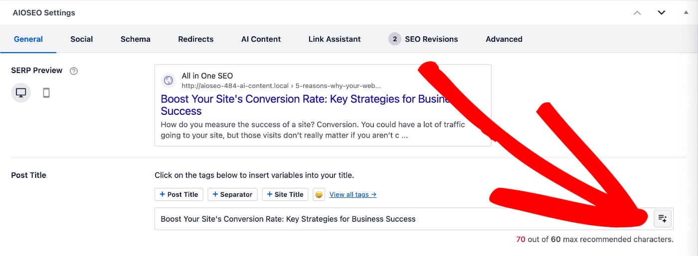 Use AI Generator button shown to the right of the Post Title field in the AIOSEO Settings section