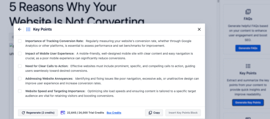 Adding key points using AI Content