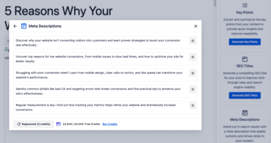 Adding meta descriptions using AI Content