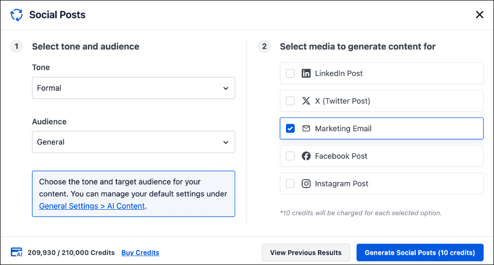 AI Content's Social Posts options AI Content's Social Posts options
