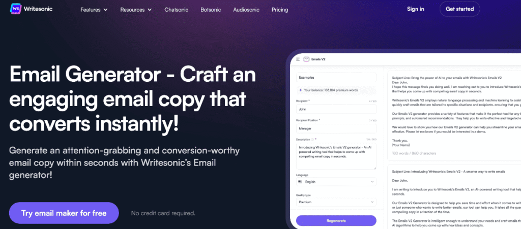 Writesonic AI email generator Writesonic AI email generator