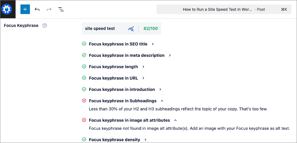 TruSEO checking focus keyword analysis