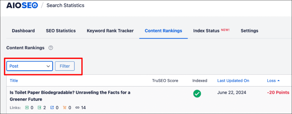 Post filter in the Content Rankings report. Post filter in the Content Rankings report.