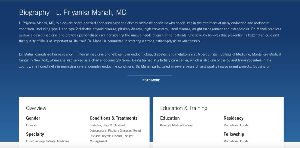 Medical bio page for L. Priyanka Mahali, MD.