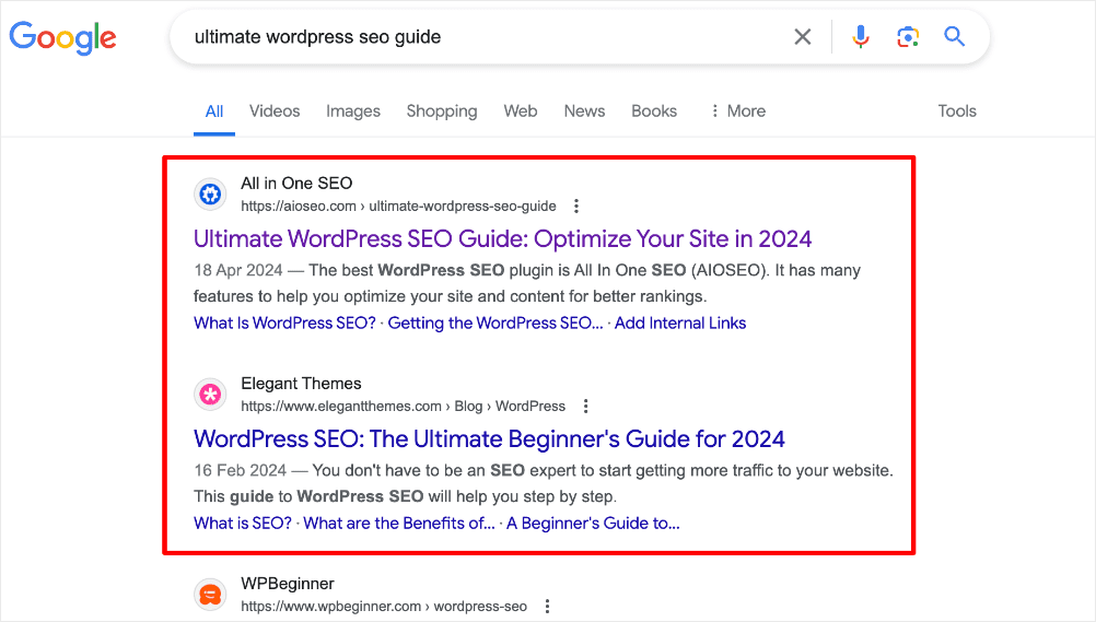 Example of metadata on SERPs.