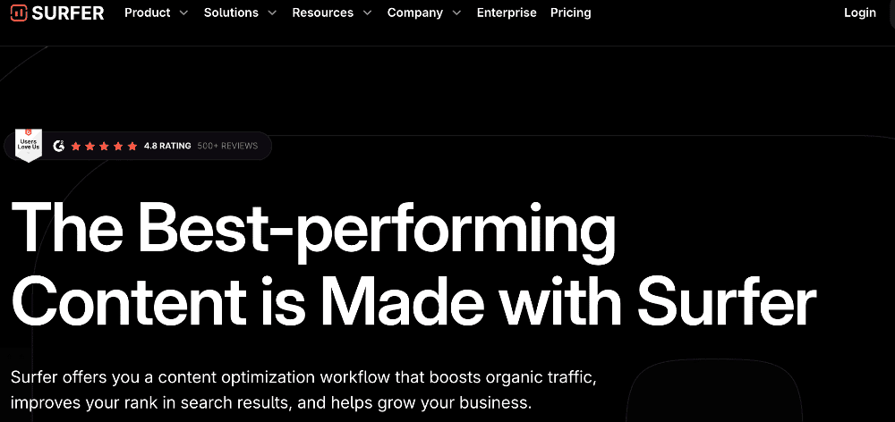 Surfer SEO homepage Surfer SEO homepage