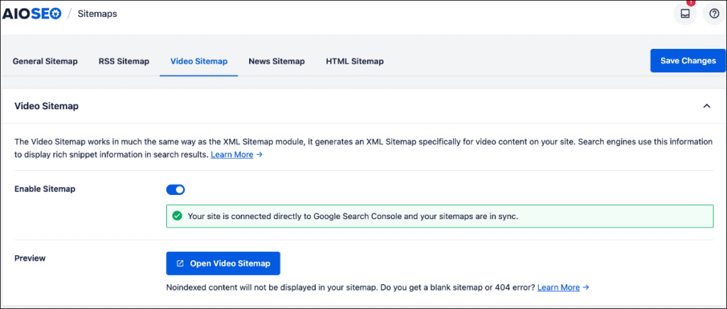 AIOSEO's video sitemap generator