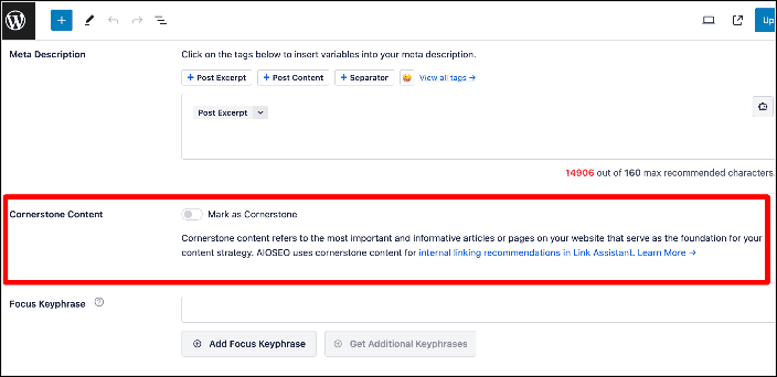 Cornerstone content in AIOSEO Marking your content as cornerstone using AIOSEO.