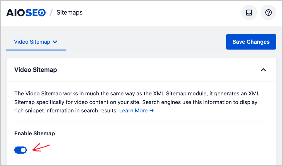 Video sitemap toggle in AIOSEO.