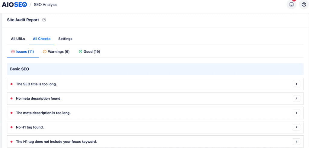 All Checks view All Checks view in SEO Analysis