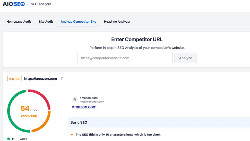 Competitor Analysis Competitor Analysis in AIOSEO's Site Audit