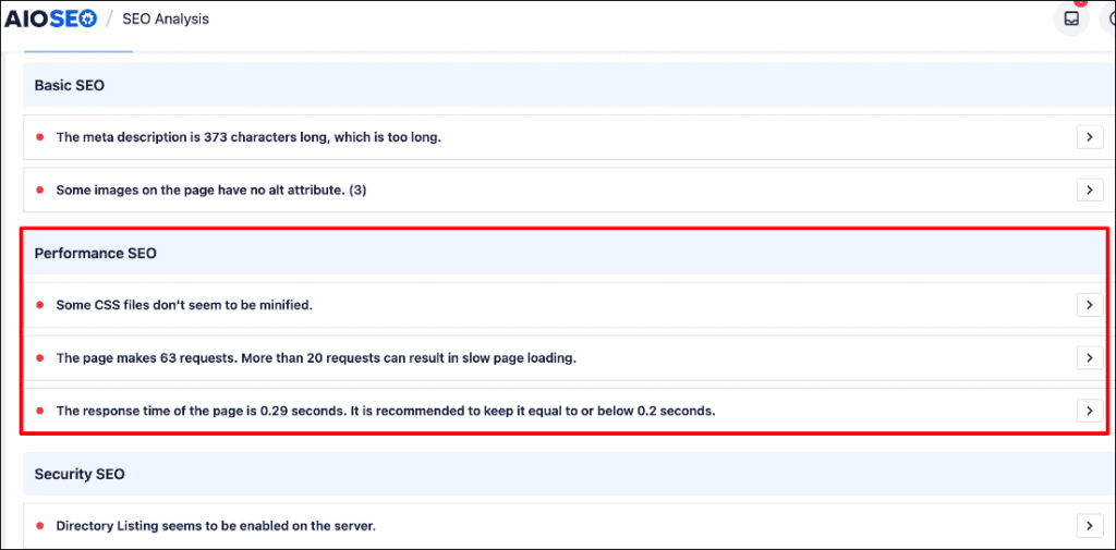 Performance section in AIOSEO's Site Audit Performance section in AIOSEO's Site Audit