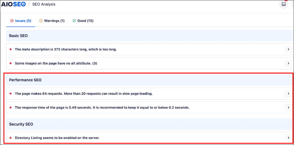 SEO Performance section SEO Performance section in AIOSEO's SEO Analysis