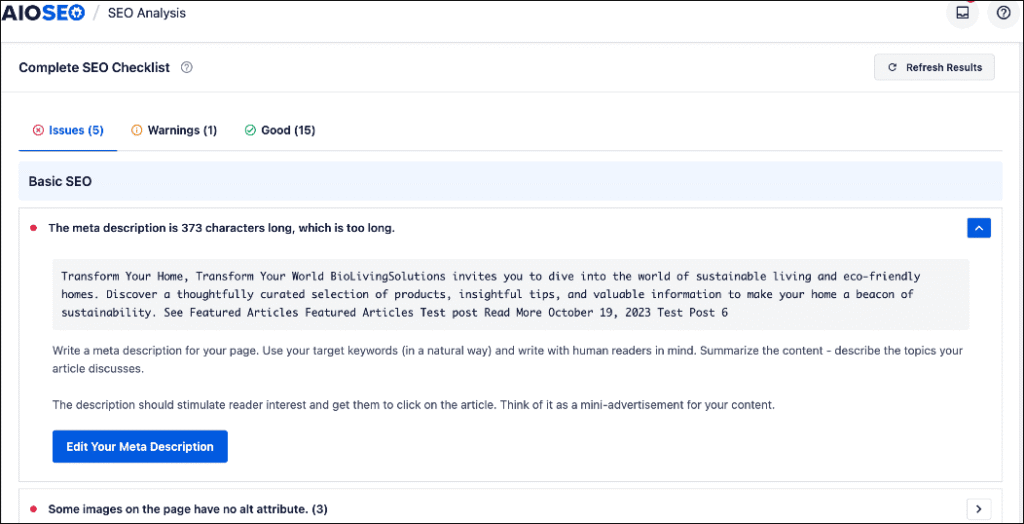 SEO Checklist SEO Checklist in AIOSEO's SEO Analysis
