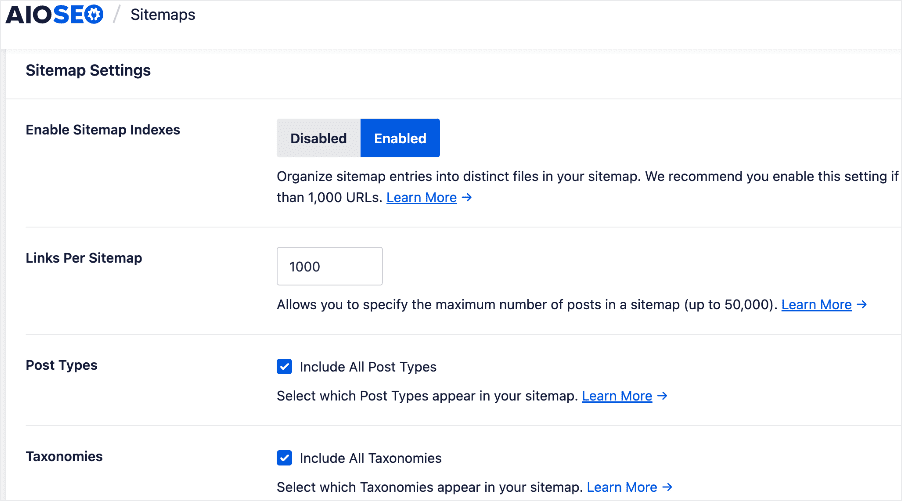 AIOSEO's XML sitemap settings.