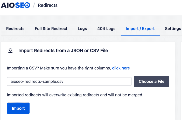 Importing the redirects spreadsheet into AIOSEO's Redirection Manager.