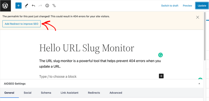 Add redirect to improve SEO message in WordPress editor.