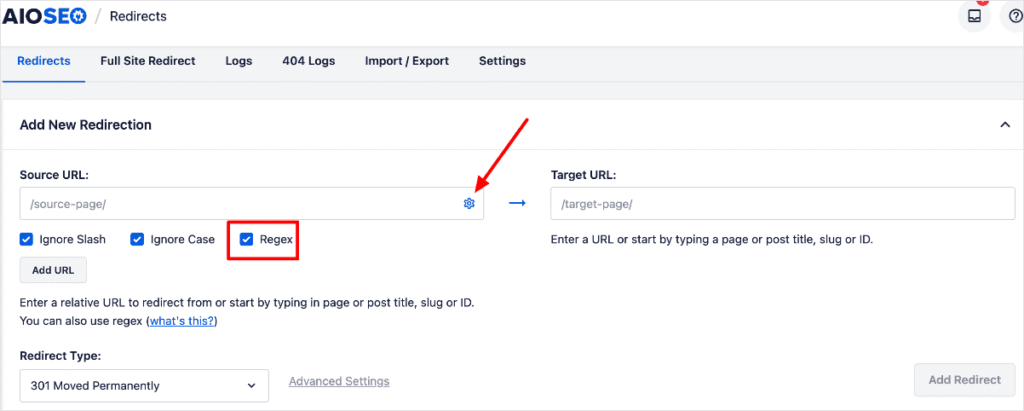 Regex settings in the AIOSEO Redirection Manager.