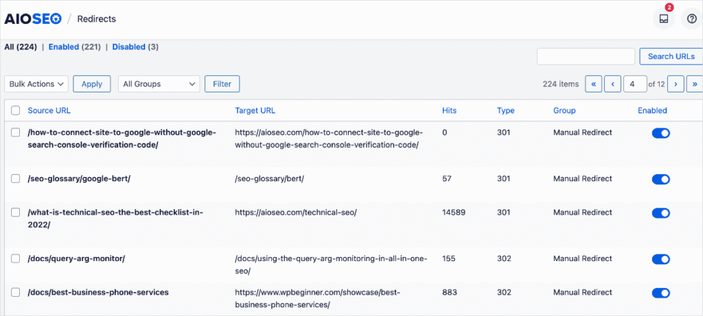 AIOSEO redirect log shows all redirects with source and target URLs.