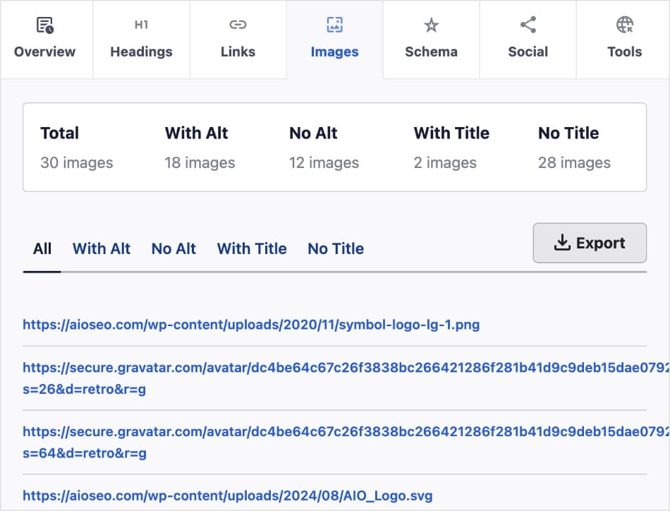 Image SEO Status Check Image SEO status check in the Analyzer tool.