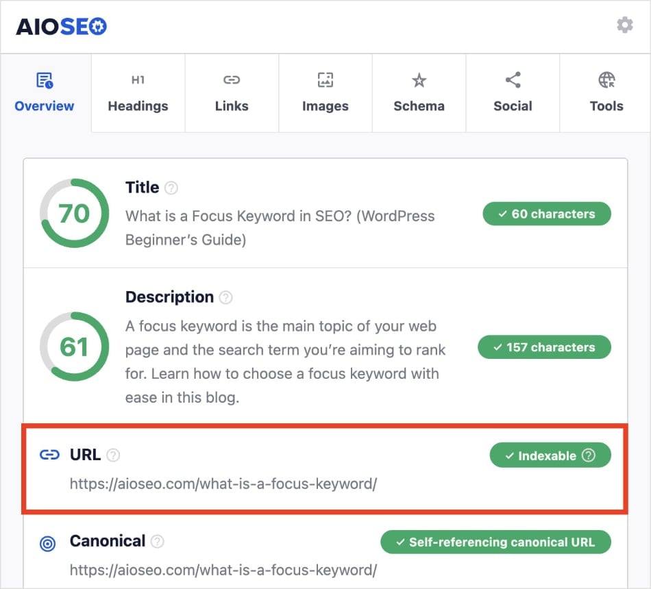 Indexable URL When you check the SEO status of this URL, the SEO Analyzer shows that it is indexable.