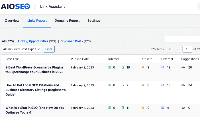 Links Report in AIOSEO's Link Assistant Links Report in AIOSEO's Link Assistant