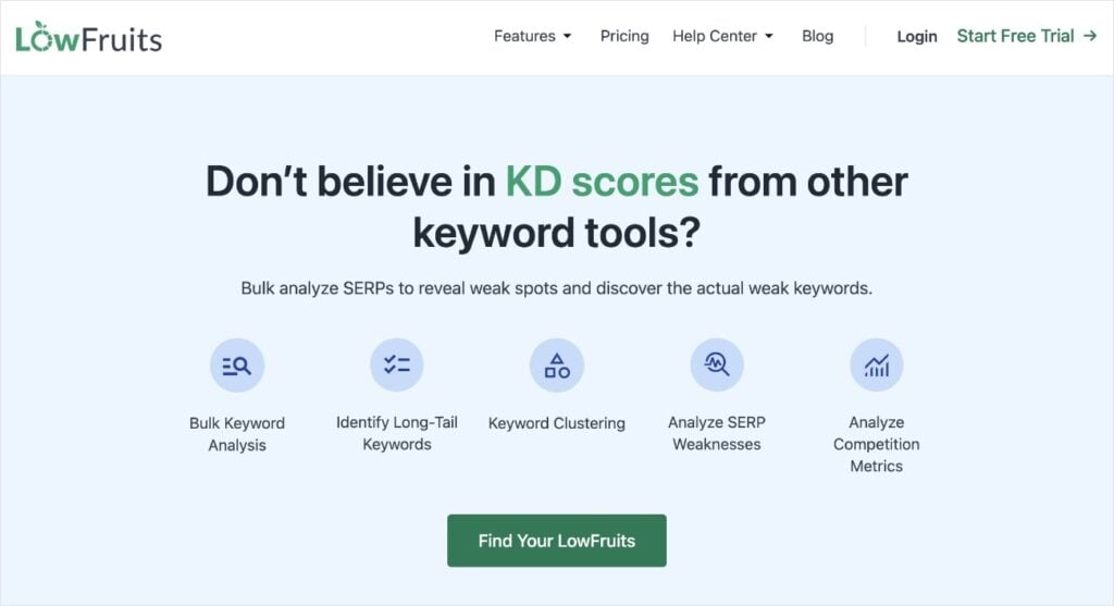 LowFruits homepage, a keyword research tool for website optimization.