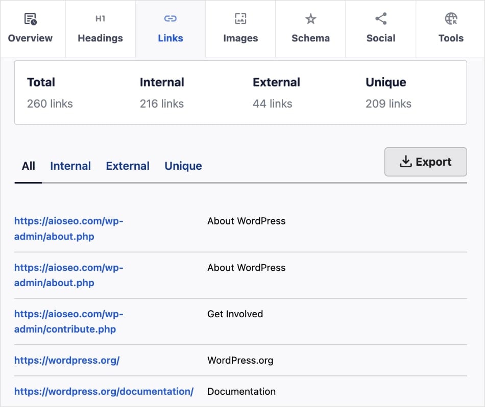 Internal & External Links Internal and external links in the SEO Analyzer.