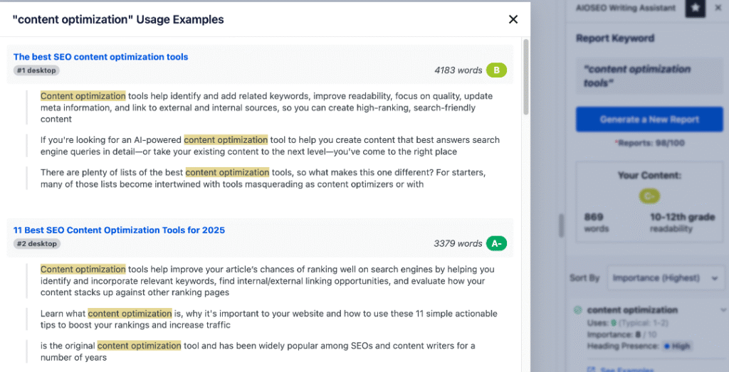 AI Writing Assistant giving examples of how other publishers use keywords.
