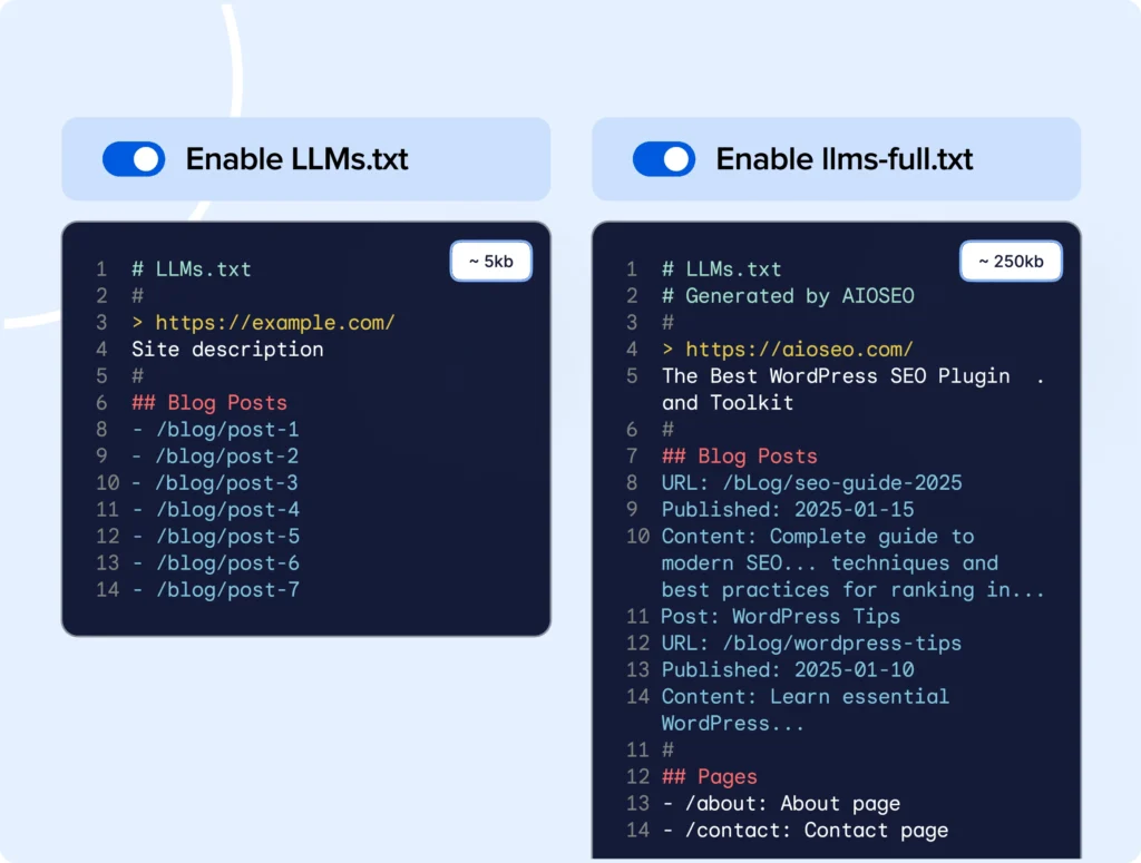 Choose from llms.txt or llms-full.txt files.